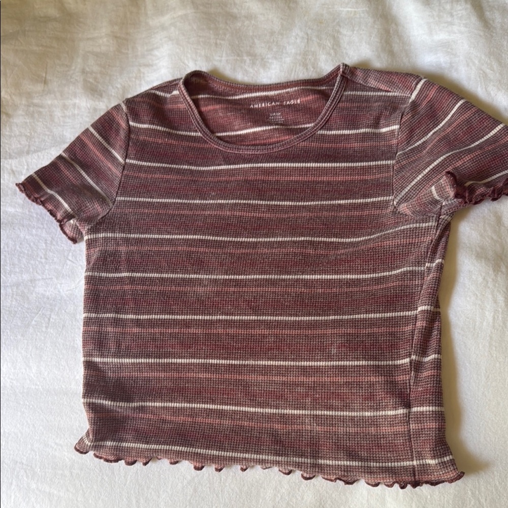 American Eagle Outfitters Pink and White Ribbed T-Shirt